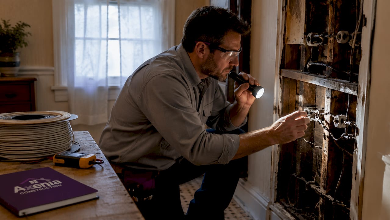 Electrician inspecting old wiring in wall cavity