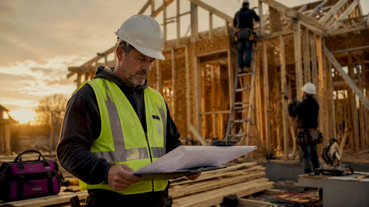 Foreman checking plans at construction site