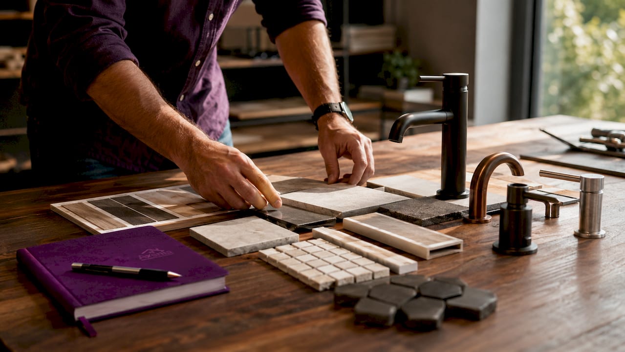 Hands selecting bathroom fixture samples
