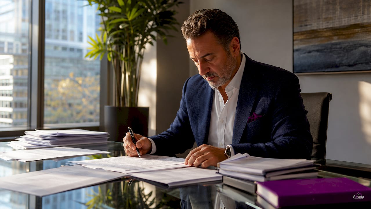 Commercial lawyer reviewing lease agreement