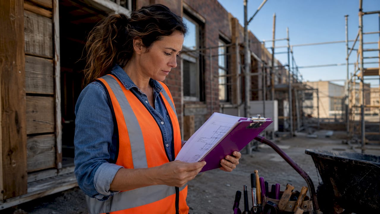 Contractor examining structural repair plans on site