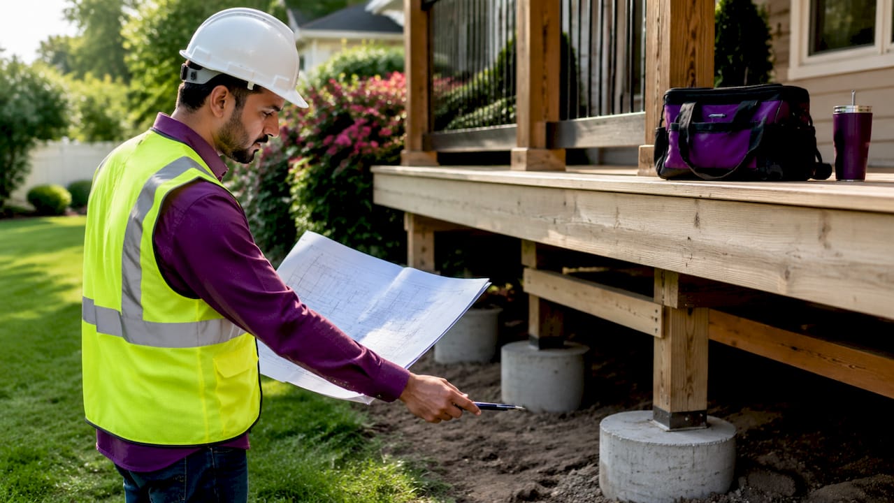 Building inspector checking deck construction plans outdoors