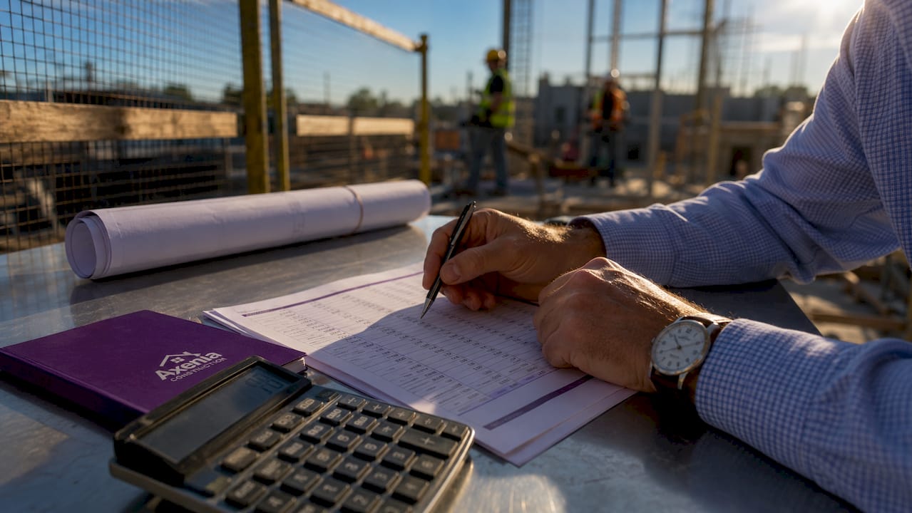 Hands reviewing construction budget documents outdoors