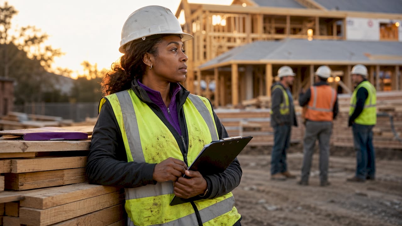 Supervisor pointing at residential construction site