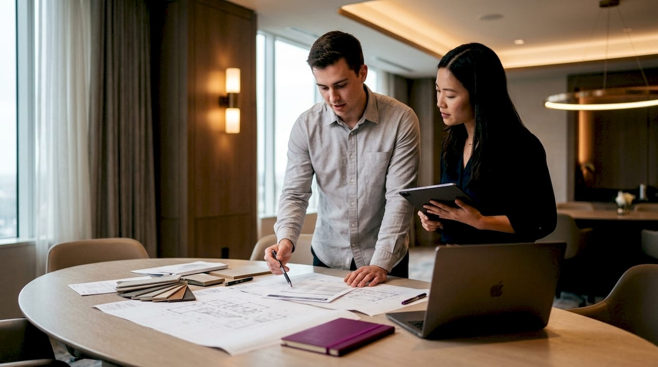 Contractor and architect reviewing bid documents