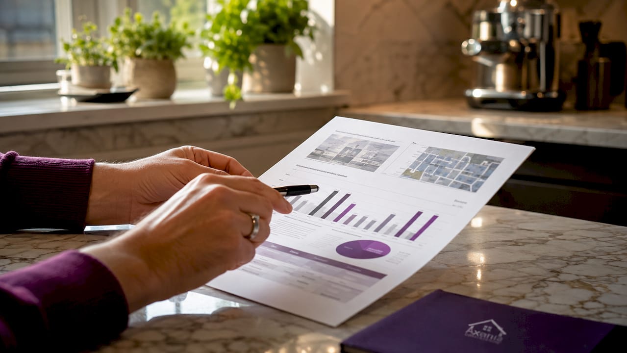 Close-up hands reviewing construction feasibility report
