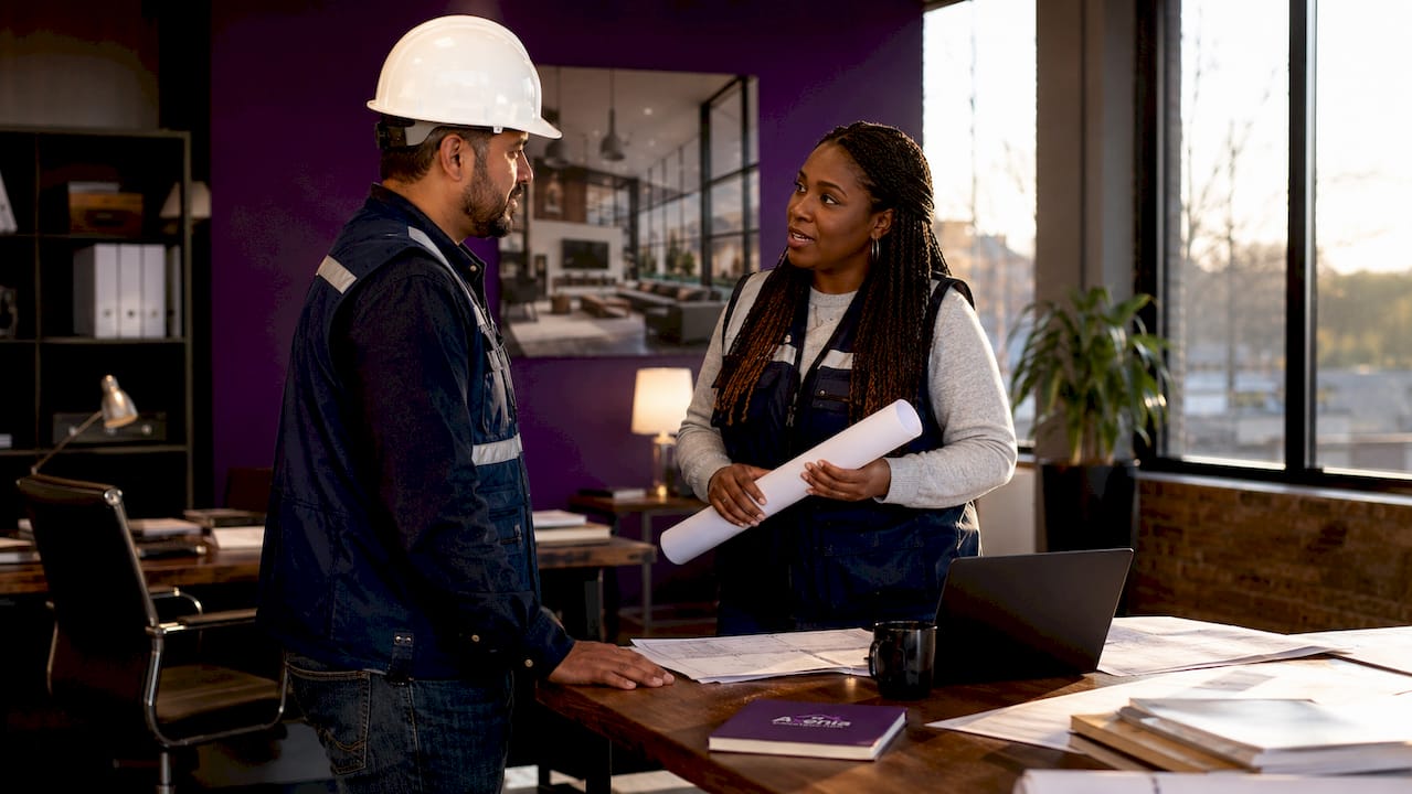 Contractor and subcontractor discussing plans on site