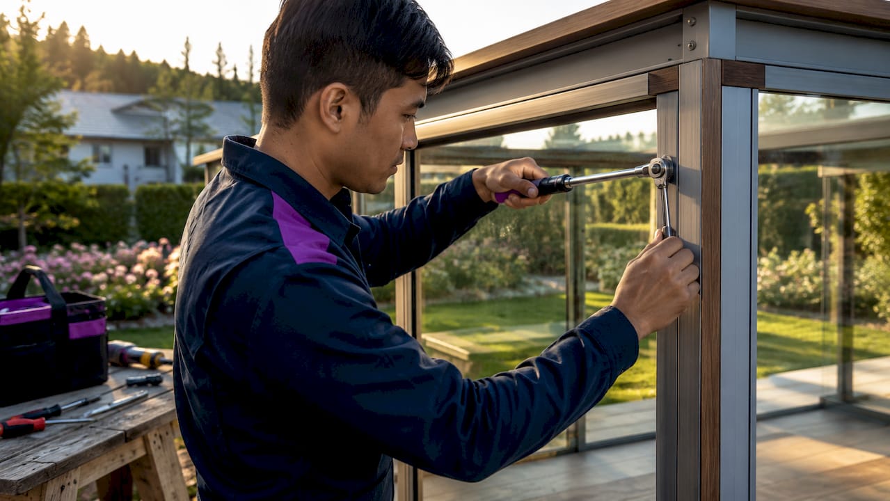 Hands assembling aluminum sunroom frame outdoors