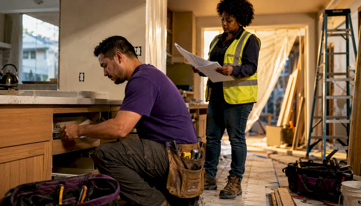 Diverse crew remodeling home kitchen interior