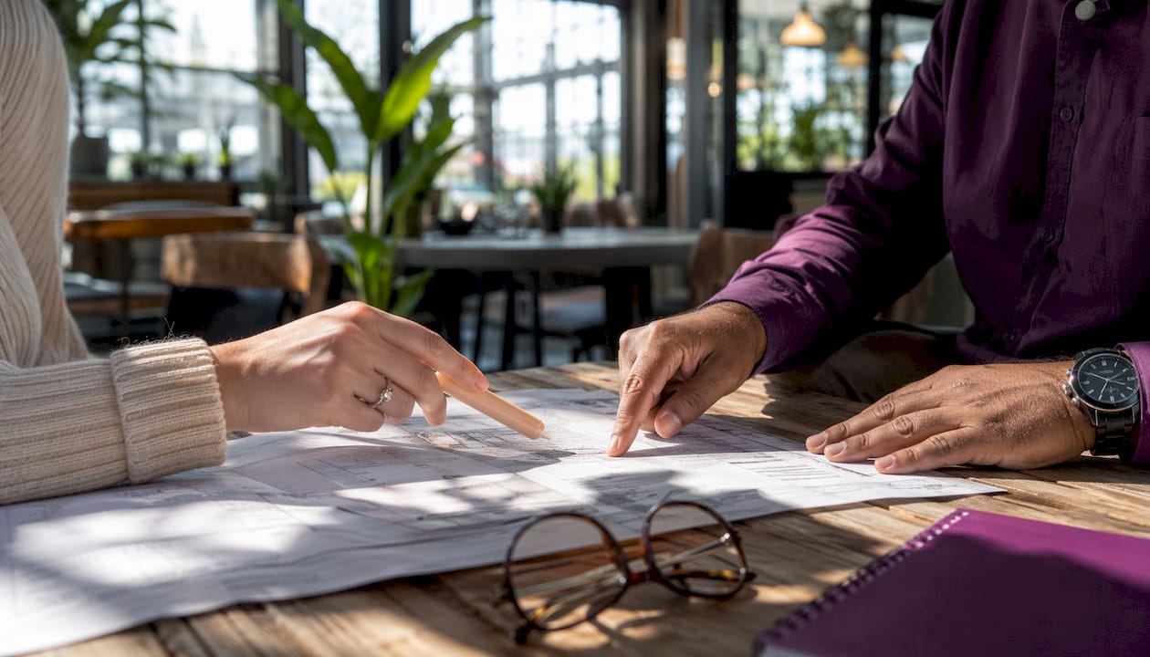 Hands reviewing building permit documents