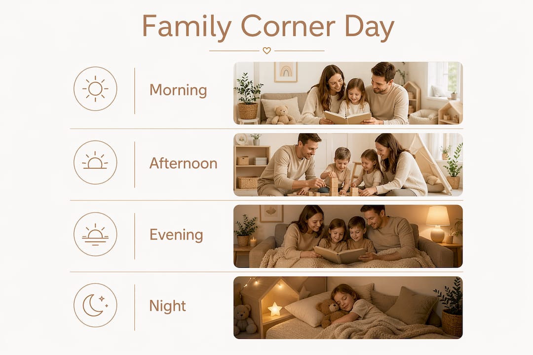 Infographic showing family corner functions throughout the day
