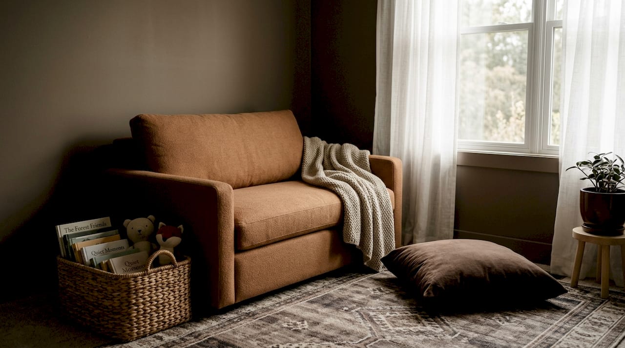 Cozy family corner comfortable seating and storage