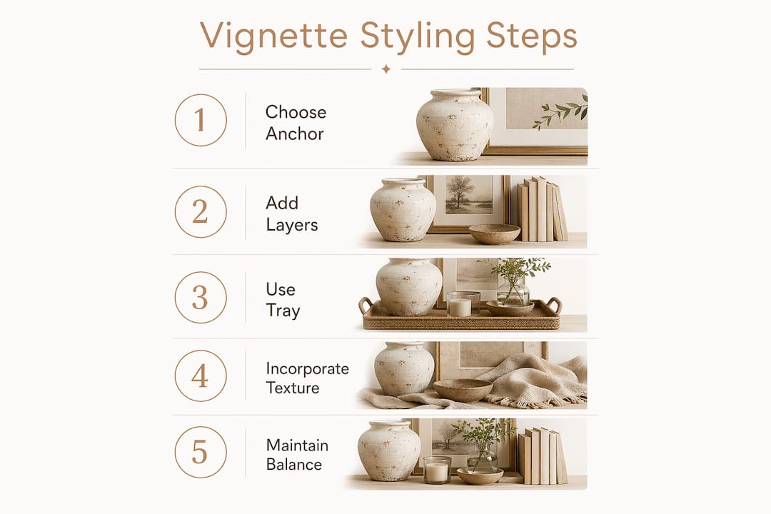 Infographic showing five steps to style a living room vignette