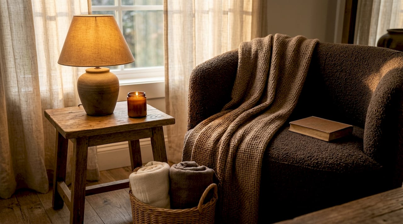 Living room corner with warm layered lighting and cozy textiles