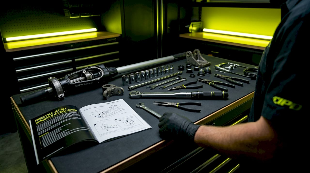 Tools and materials arranged for jet ski handpole install