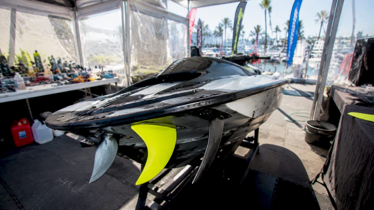 Close-up of jet ski surf fin geometry and hull