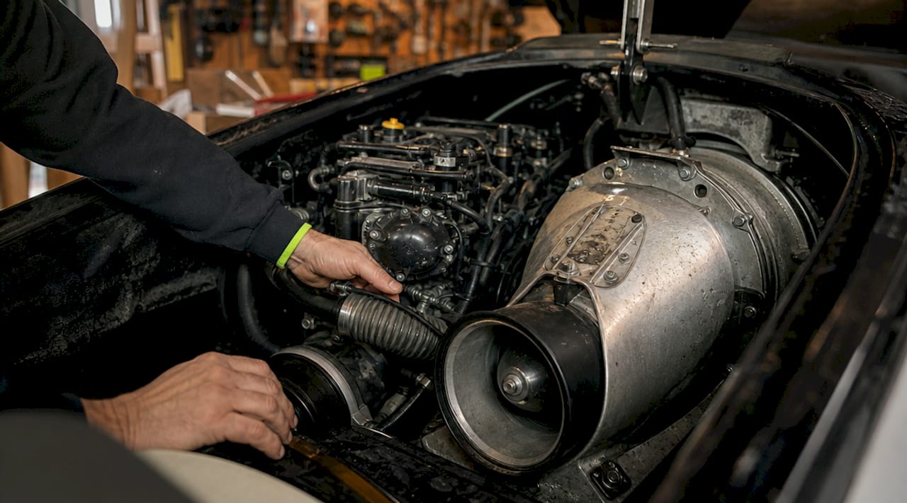 Close-up of sit-down PWC engine and jet pump assembly