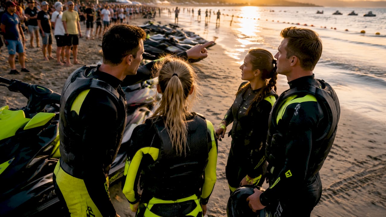 Group of racers discussing jet ski classes on dock