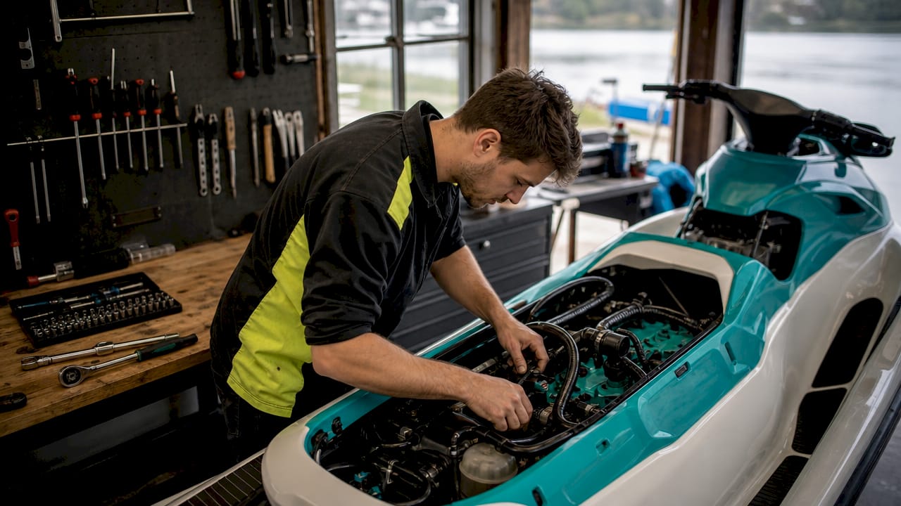 Mechanic inspecting jet ski engine in workshop