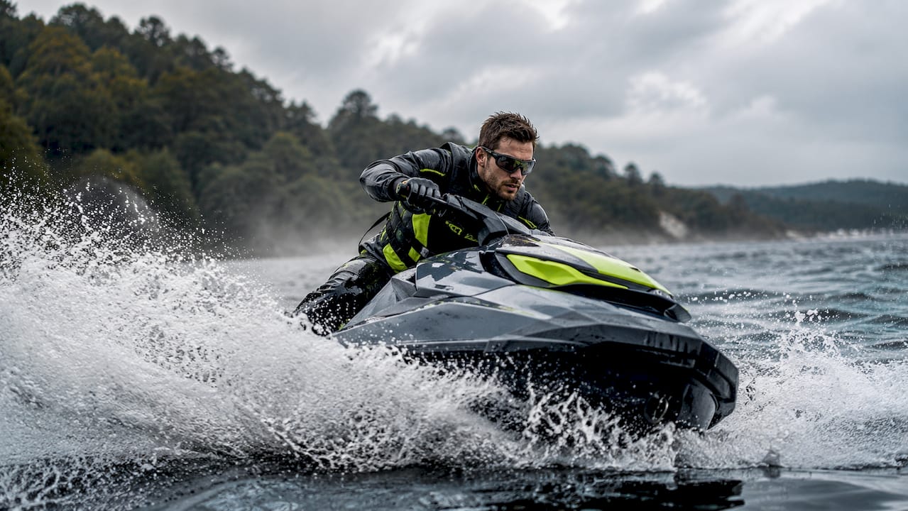 Jet ski rider navigating choppy water