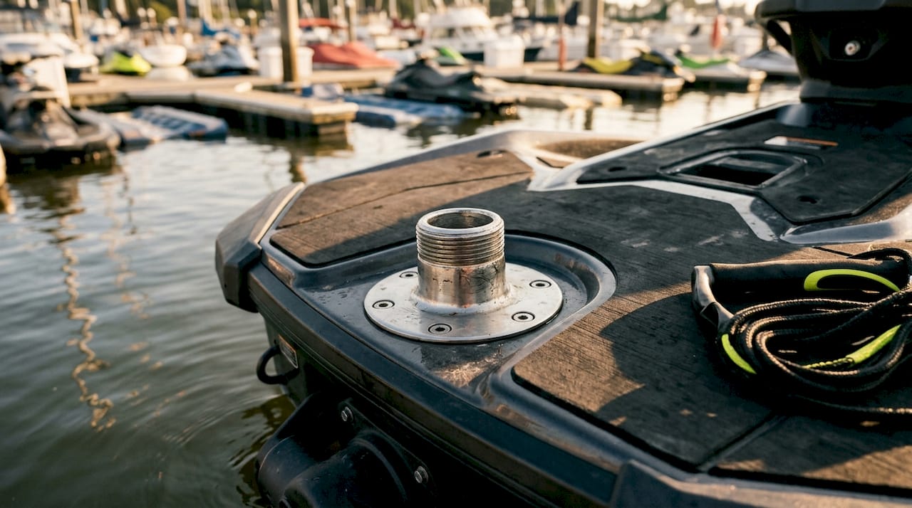 Close-up of jet ski tow tap at rear platform