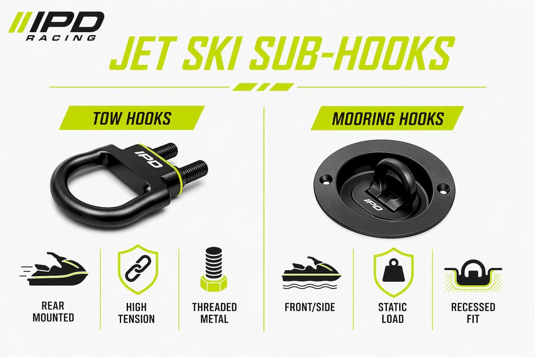 Infographic comparing tow hooks and mooring hooks