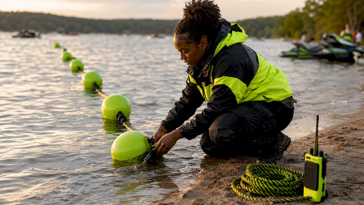 Technician setting course buoys on lake shore