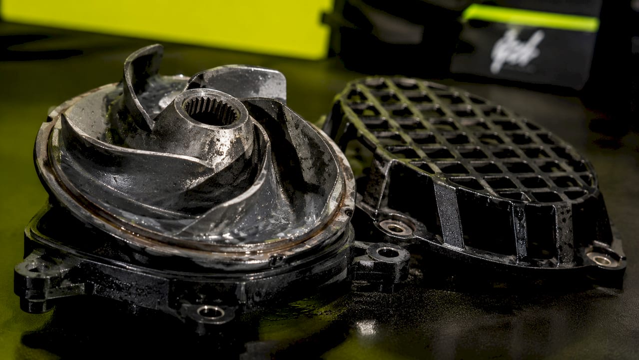 Close-up of jet ski impeller and intake grate