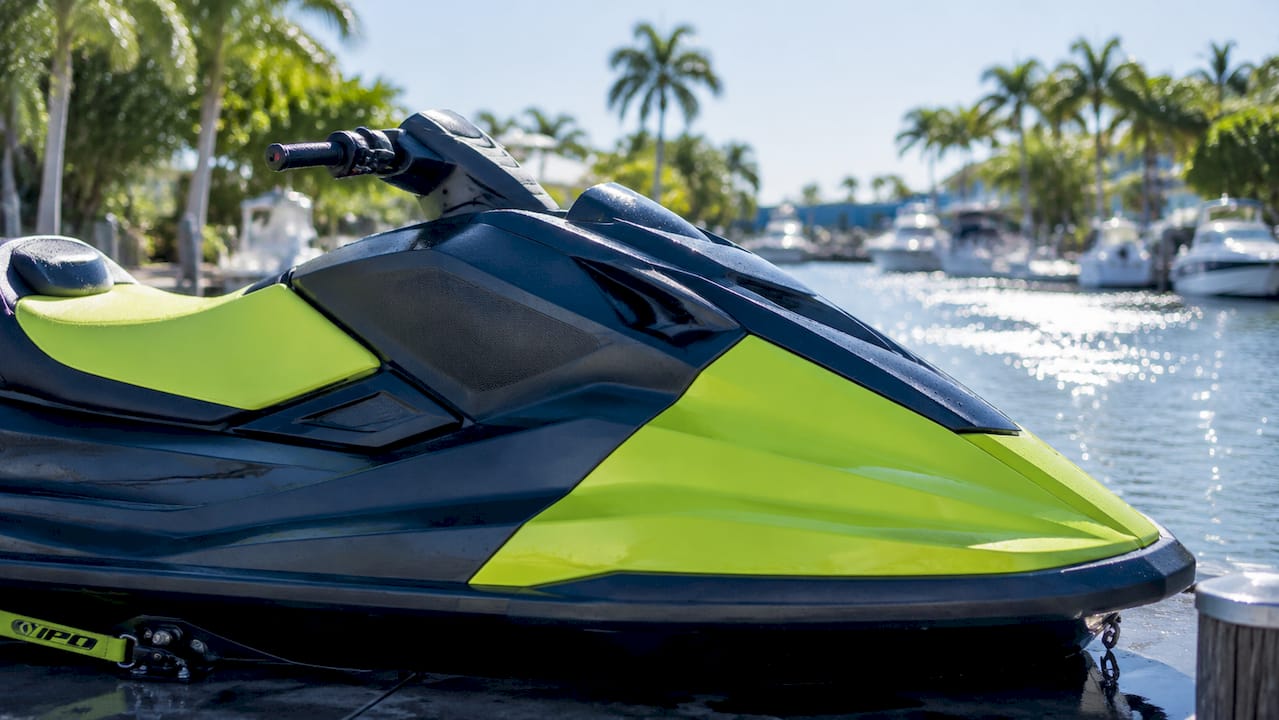 Close-up of matte color-block wrap on WaveRunner hull