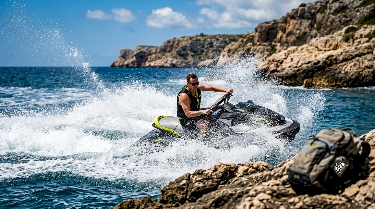 Jet ski producing large water wake on lake