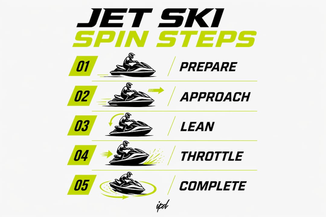 Infographic showing step-by-step jet ski spin technique
