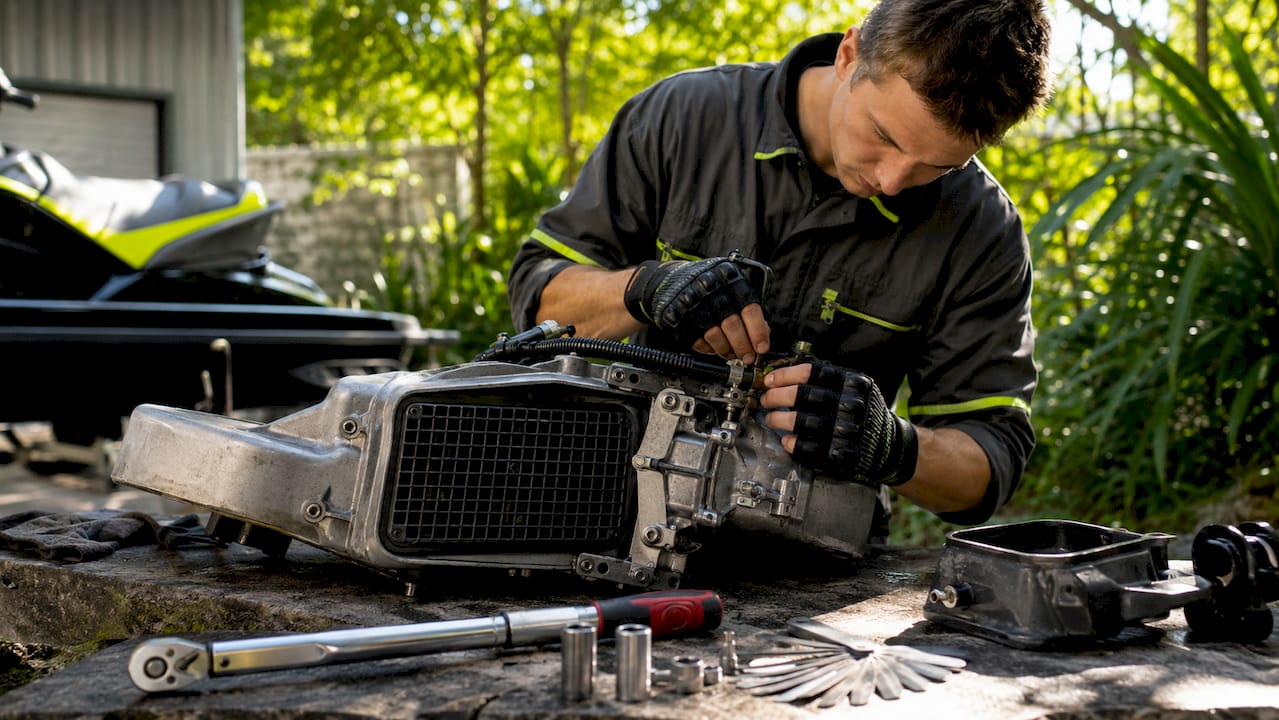 Technician hands adjusting PWC throttle cable and intake grate