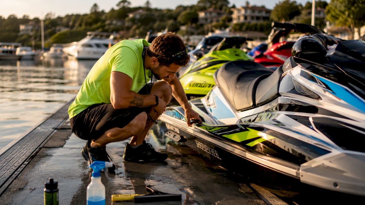 Rental operator inspecting numbered jet skis at marina