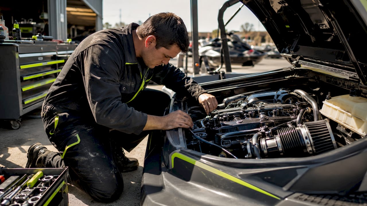 Technician upgrading jet ski engine performance