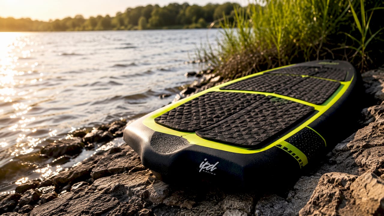 Close-up of high-volume jet ski wake surfboard