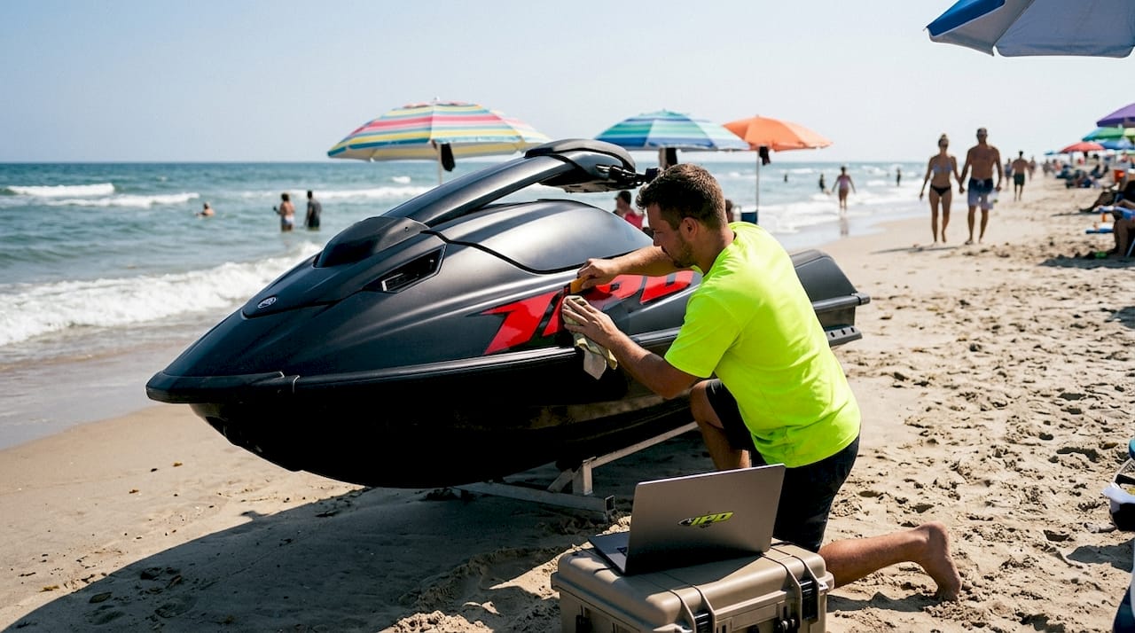 Close-up of hands applying glossy decals on matte jet ski