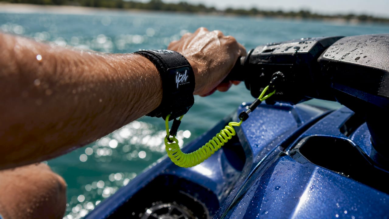 Close-up of safety leash attached to jet ski kill switch