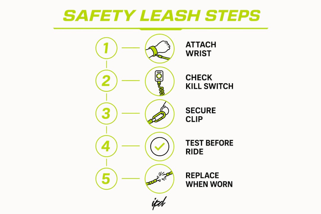 Infographic showing five key steps for jet ski safety leash use