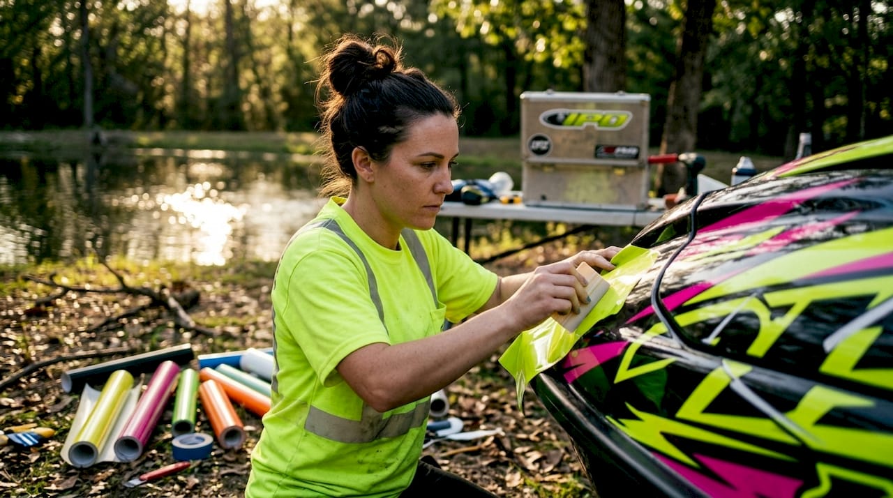 Woman applying race wrap vinyl in workshop