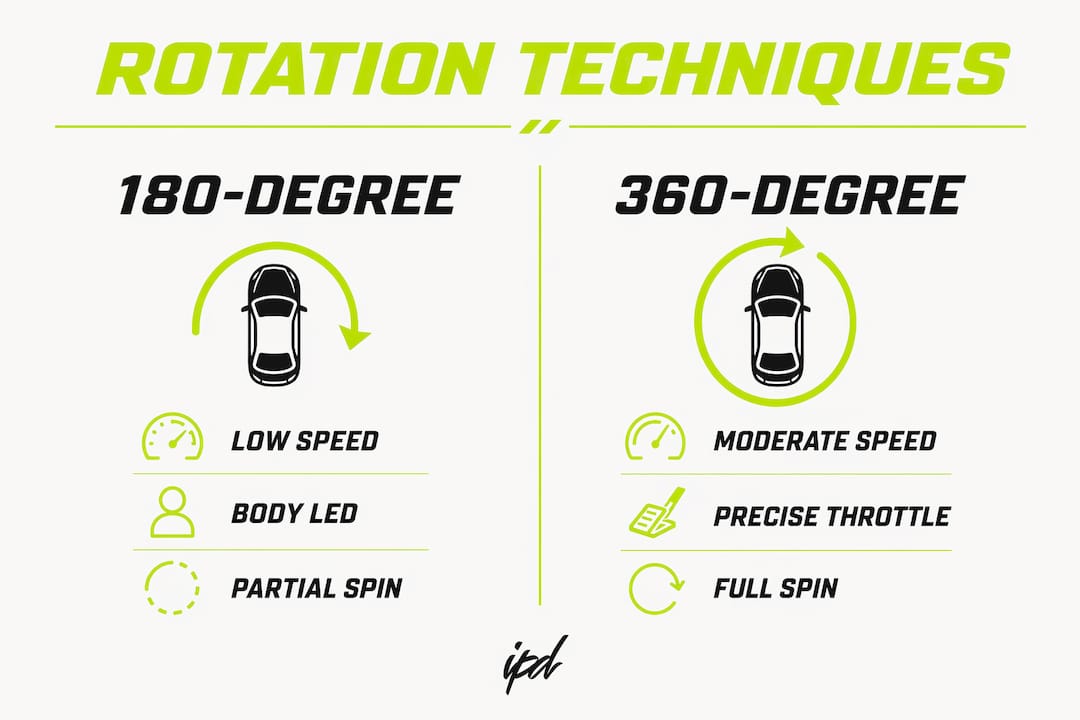 Infographic comparing 180 and 360 jet ski rotations