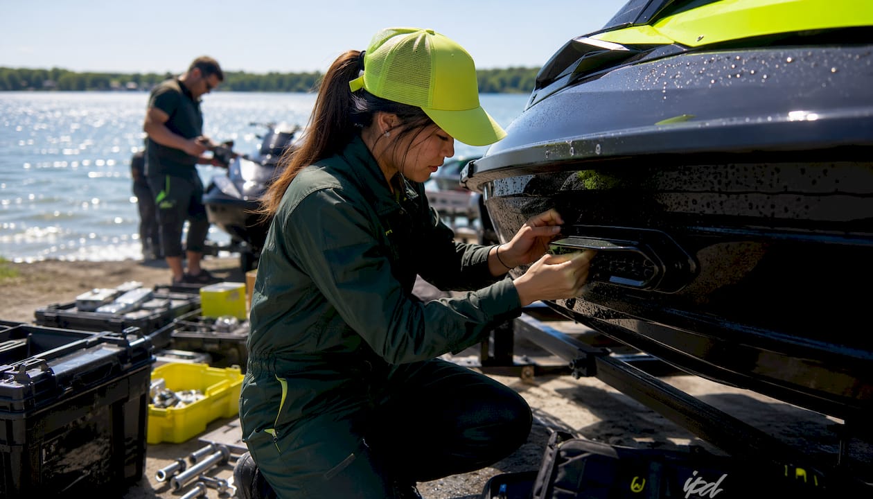 Technician fitting double-scoop jet ski grate