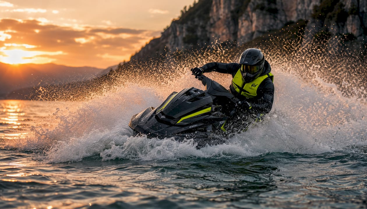 Rider making sharp turn on PWC in choppy water