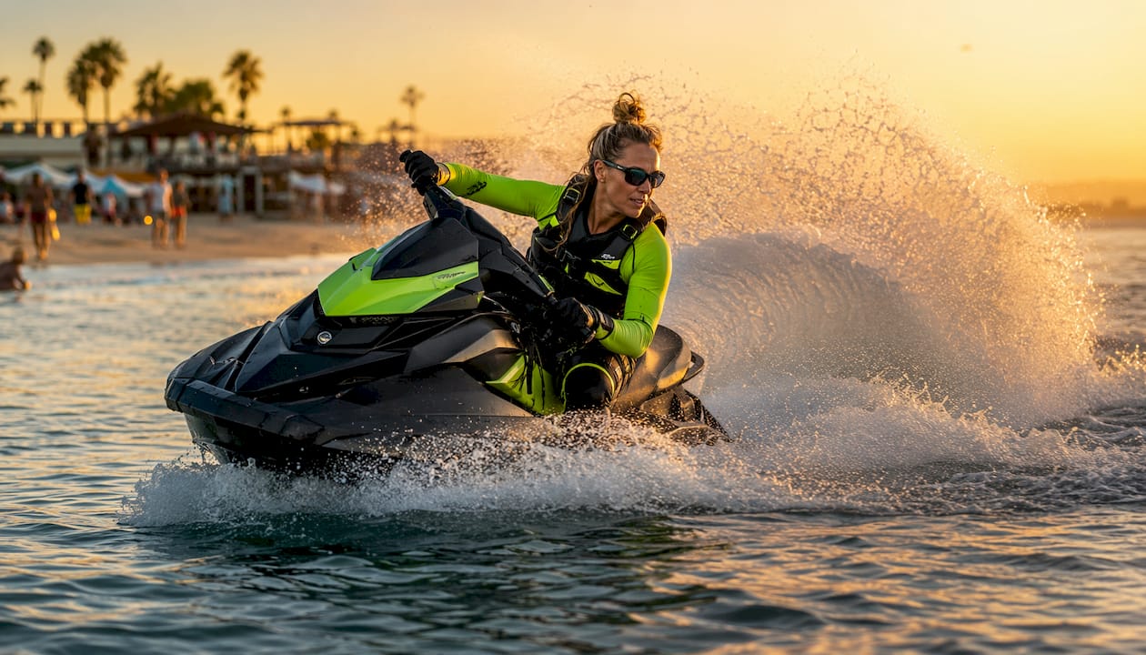 Side view of rider leaning forward on jet ski during turn