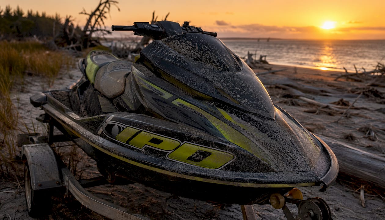Close-up of jet ski wrap exposed to saltwater and sun