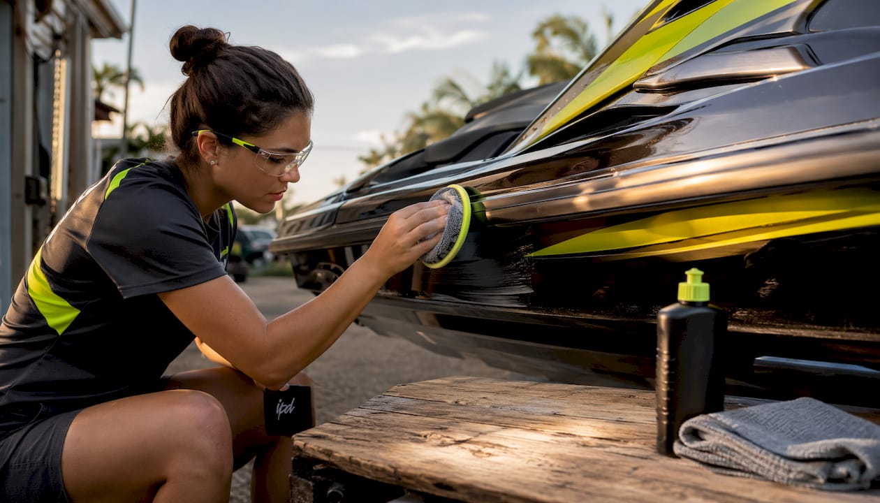 Woman applying wax to PWC hull with microfiber pad
