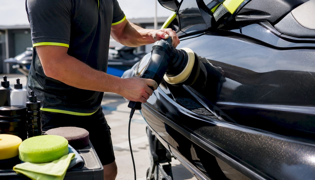 Hands machine polishing PWC hull with dual-action polisher