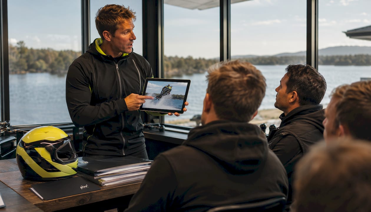 Coach analyzing jet ski barrel roll video