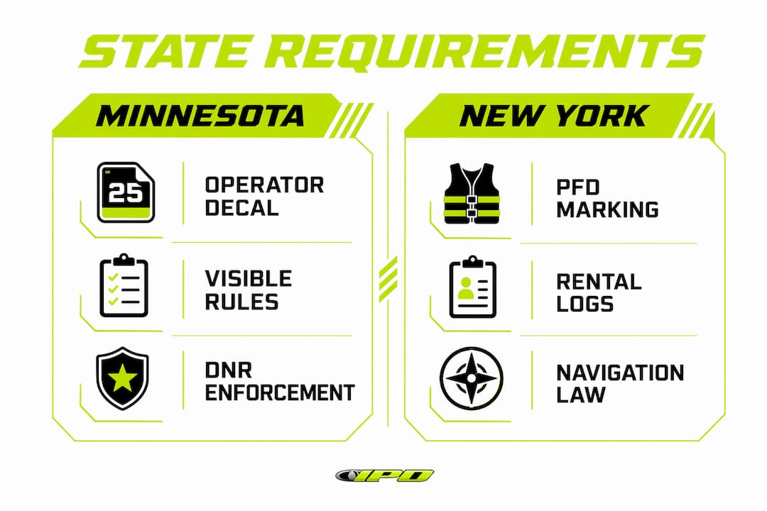 Infographic showing Minnesota vs New York rental PWC regulations