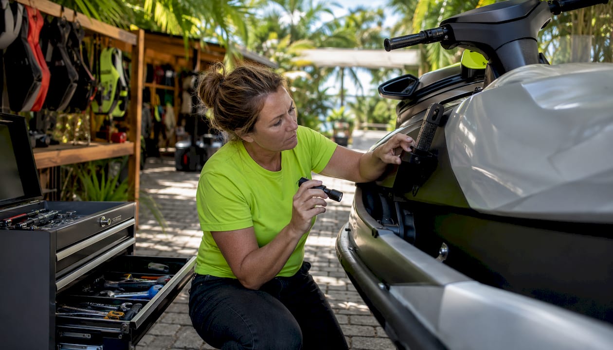 Woman inspecting stand-up jet ski hull indoors