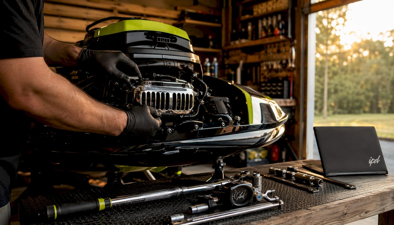 Technician assembling jet ski performance parts